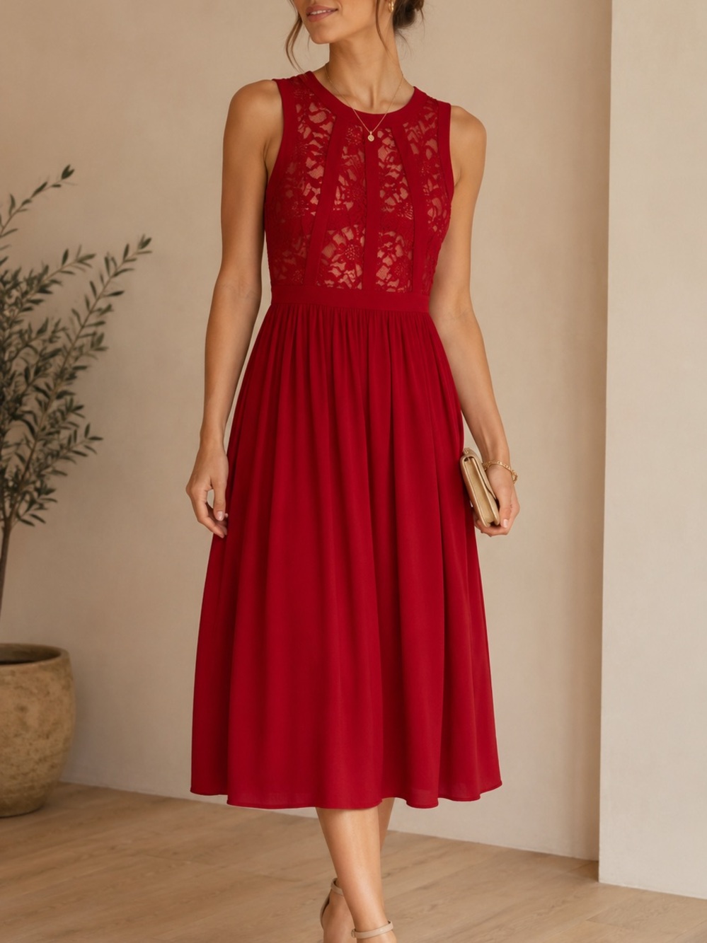 Morgan & Co. Sleeveless Lace Bodice Midi Dress in Red